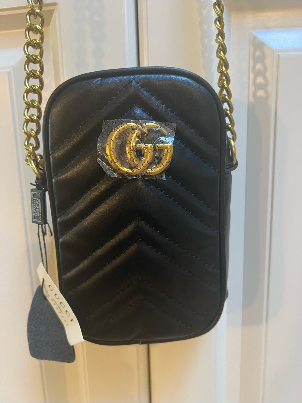 Black Chevron Quilted Cell Phone Crossbody with Gold GG